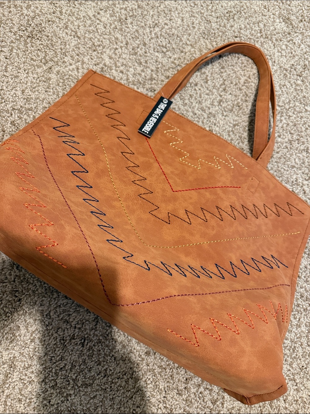 Reversible Brand Tan Suede Tote with Multicolor Stitching